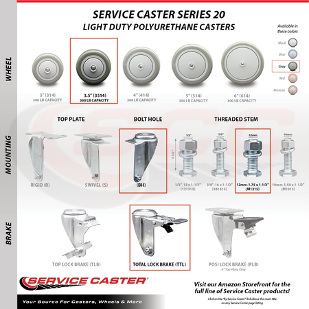 Service Caster 3.5 Inch Gray Polyurethane Swivel 12mm Stem Caster with Total Lock Brake SCC SCC-TSTTL20S3514-PPUB-M1215